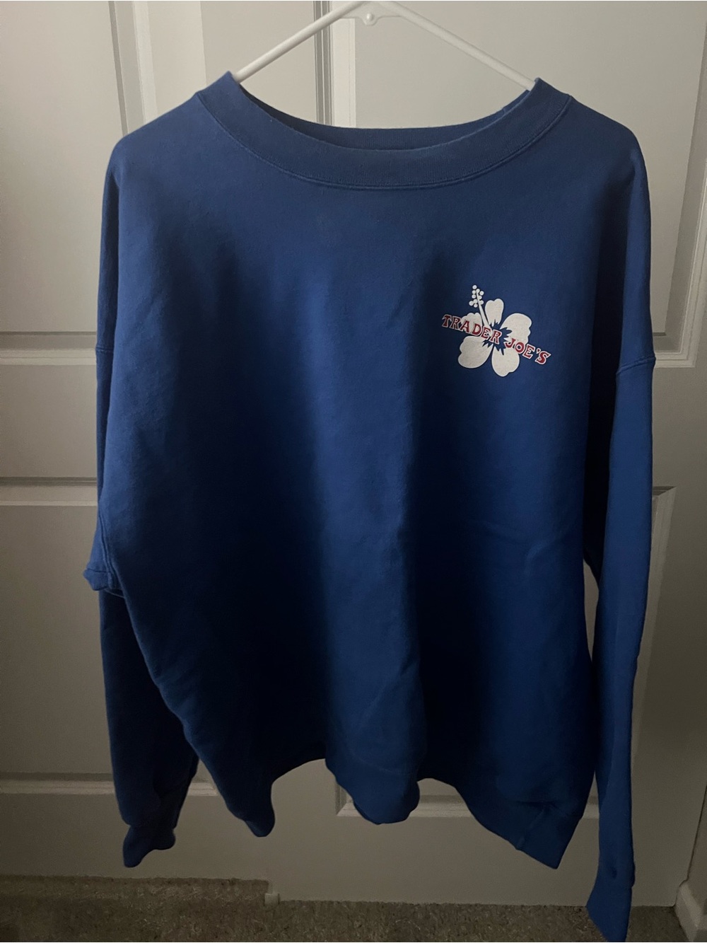 Trader Joe's Navy Crewneck Sweater with Floral Logo